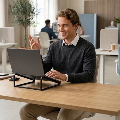 Homme devant support pour ordinateur portable noir 