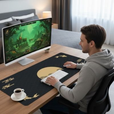 Homme gamer sous main bureau coucher de soleil