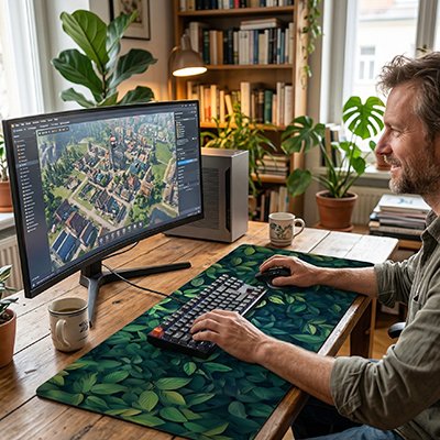 Homme gamer sous main pour bureau feuilles vertes 