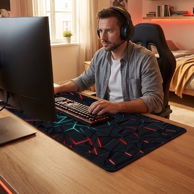 Homme jouant sous main bureau géométrique rouge noir vert