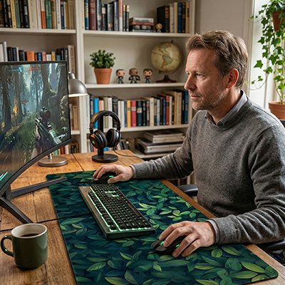 Homme jouant sous main pour bureau feuilles vertes