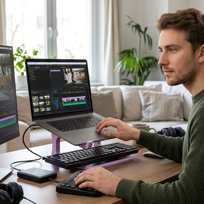 homme multitâches devant support ordinateur portable violet