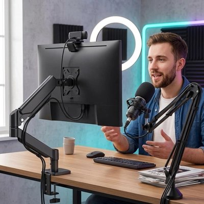 Homme parlant devant support ecran pc noir