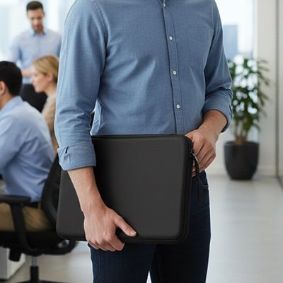 Homme portant pochette ordinateur légère compacte