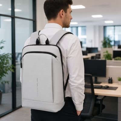 Homme portant sac a dos ordinateur portable gris clair
