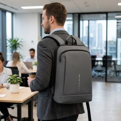 Homme portant sac a dos ordinateur portable gris