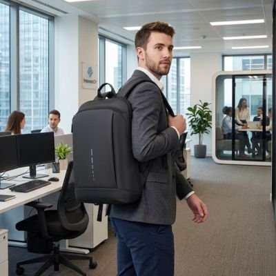 Homme portant sac a dos ordinateur portable noir