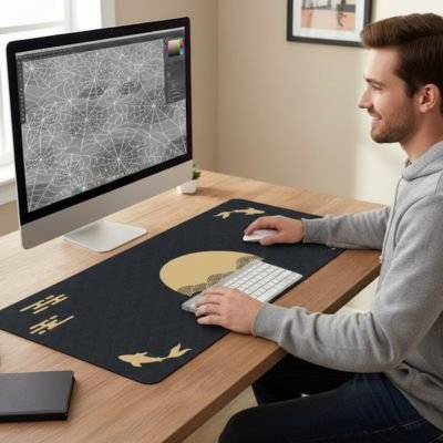 Homme sous main bureau coucher de soleil noir jaune