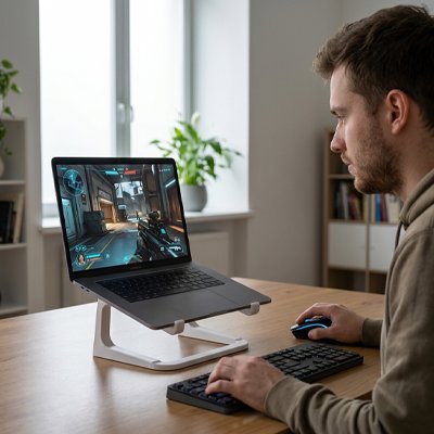 homme support ordinateur portable confortable