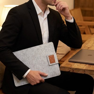 Homme tenant housse pour ordinateur feutre gris clair