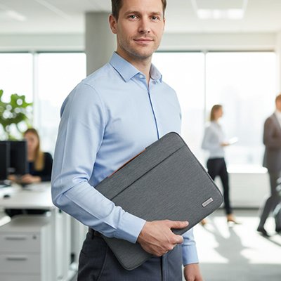 Homme tenant housse pour ordinateur grise protection 3 côtés