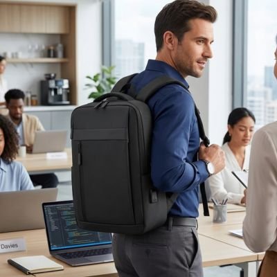 Homme transportant sac a dos ordinateur portable noir
