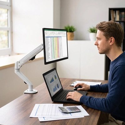 Homme travaillant laptop support écran pc blanc ajustable rotatif