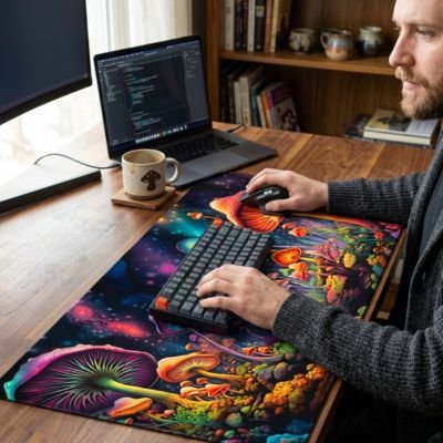 Homme travaillant sous main bureau champignons