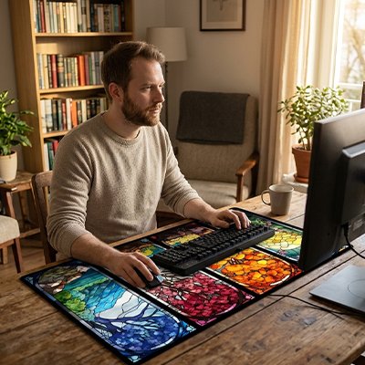 Homme travaillant sous main bureau décoratif vitrail
