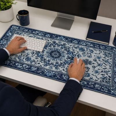 Homme travaillant sous main bureau design oriental bleu