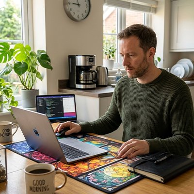 Homme travaillant Sous main bureau design vitrail
