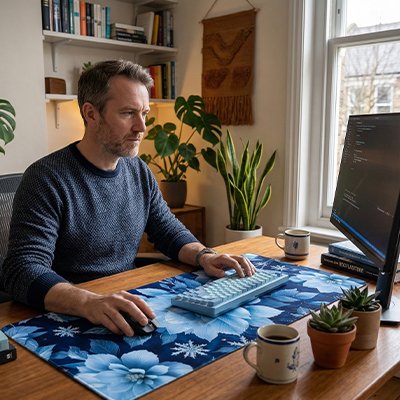 Homme travaillant sous main bureau fleurs bleues