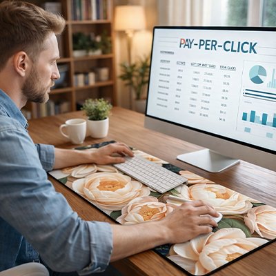 Homme travaillant sous main bureau fleurs pêches