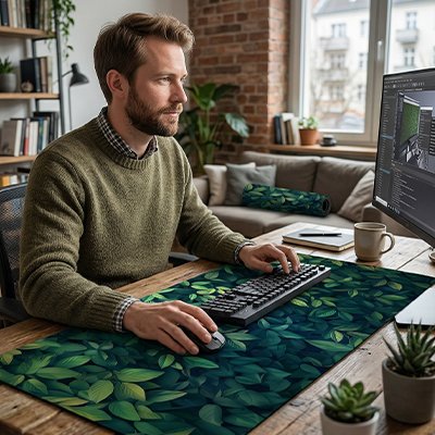 Homme travaillant sous main pour bureau  feuilles vertes