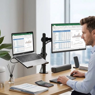 Homme travaillant support ecran laptop