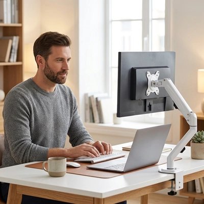 Homme travaillant support écran pc blanc ajustable rotatif