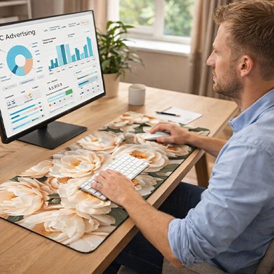 Homme utilisant sous main bureau fleurs pêches