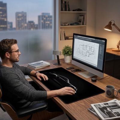 Homme utilisant sous main bureau noir design voiture