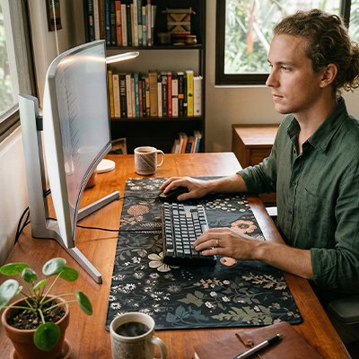 Homme utilisant sous main pour bureau botanique 