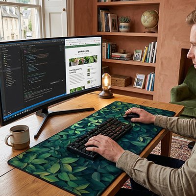 Homme utilisant sous main pour bureau design feuilles vertes