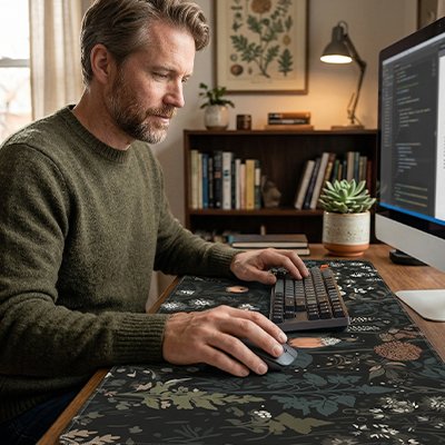Homme utilisant sous main pour bureau floral 