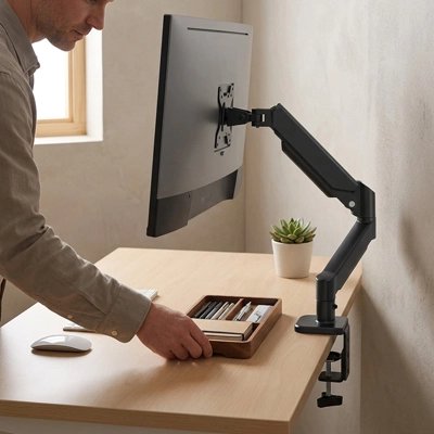 Homme utilisant support ecran pc bras rotatif