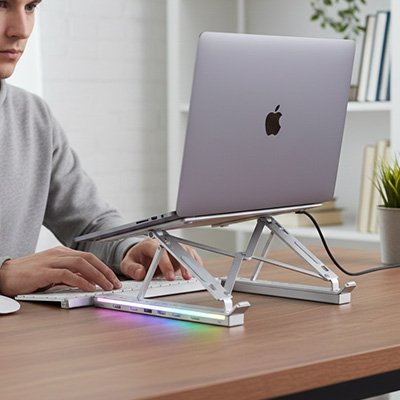 Homme travaillant support ordinateur portable blanc lumières led