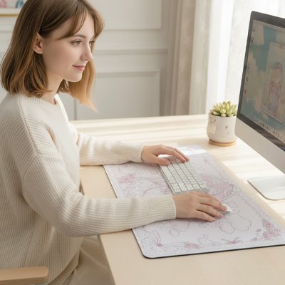Jeune femme sous main bureau personnage manga rose
