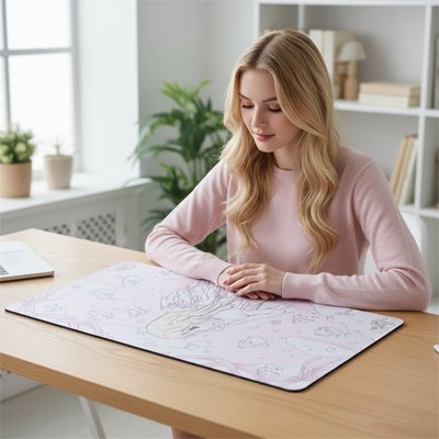 Jeune femme sous main bureau personnage manga violet