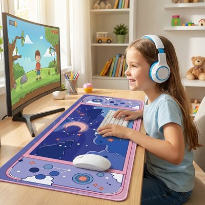 Petite fille sous main bureau enfant ciel lune étoiles