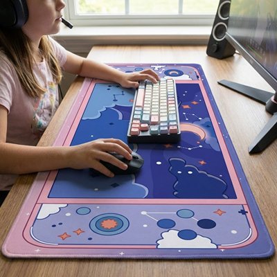 Petite fille sous main bureau enfant ciel lune étoiles bleu rose