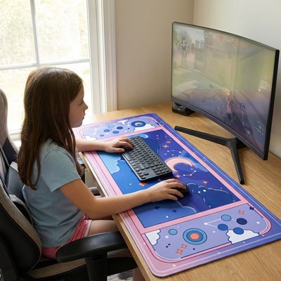 Petite fille sous main bureau enfant lune étoiles