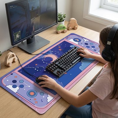 Petite fille sous main bureau enfant lune étoiles bleu rose