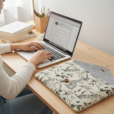 pochette ordinateur 14 pouces beige motif lapin