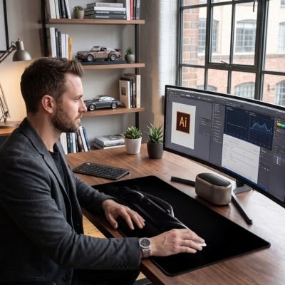 Professionnel travaillant sous main bureau noir design voiture