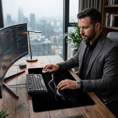 Professionnel travaillant sous main bureau noir