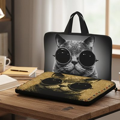 Sacoche ordinateur chat lunettes gris brun
