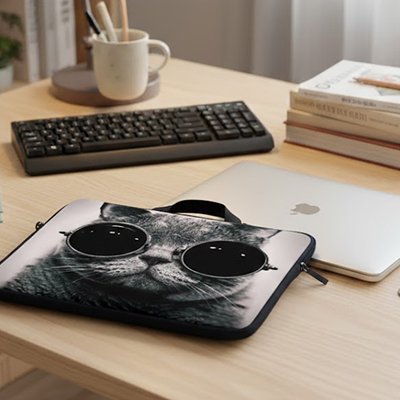 Sacoche ordinateur chat lunettes gris