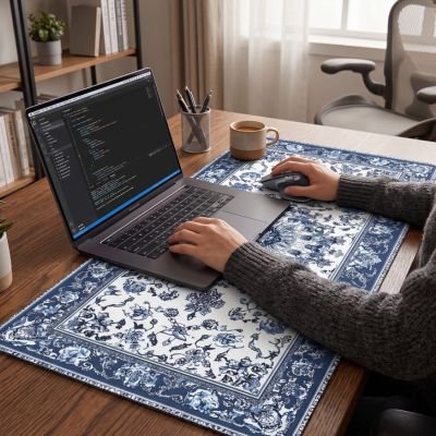 Sous main bureau design oriental blanc bleu