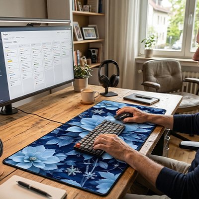 Sous main bureau fleurs bleues