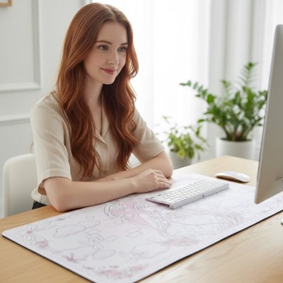 sous main bureau jeune femme personnage manga rose