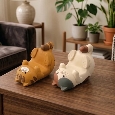 Support telephone chat allongé blanc et marron
