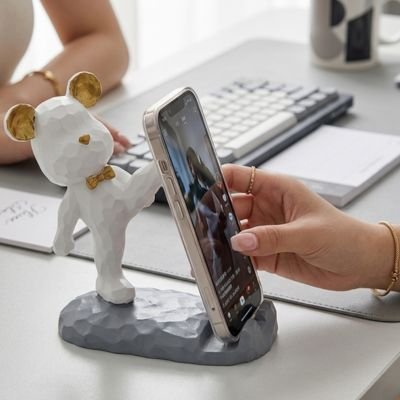 Support telephone ours blanc décoratif