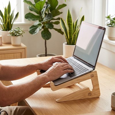 Travailler devant support ordinateur portable bois